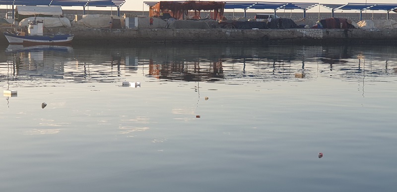 Basura flotando en las aguas del puerto