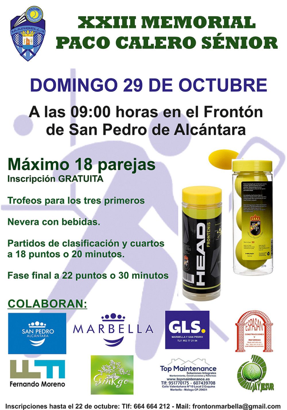El Polideportivo Paco Cantos y el Palacio de Deportes Elena Benítez serán escenarios del XXIII Memorial Paco Calero de frontenis el 28 y 29 de octubre