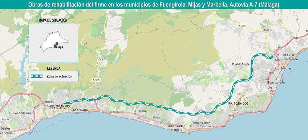 Afectaciones al tráfico en la autovía A-7 por rehabilitación del firme en Fuengirola, Mijas y Marbella