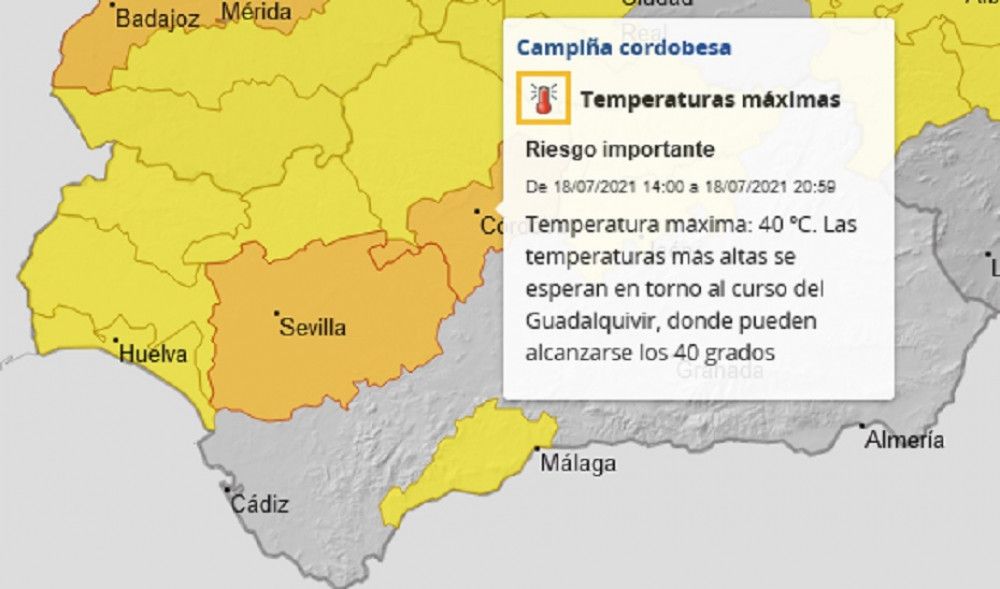 Activado el aviso naranja por altas temperaturas en comarcas de Córdoba y Sevilla