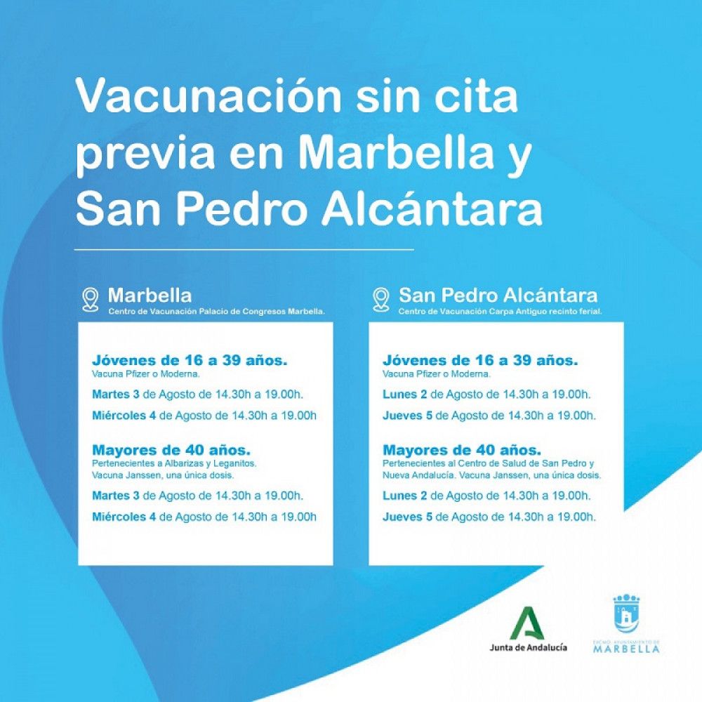 Marbella habilita esta semana cuatro jornadas de vacunación masiva sin cita previa y rebaja la edad a mayores de 16 años