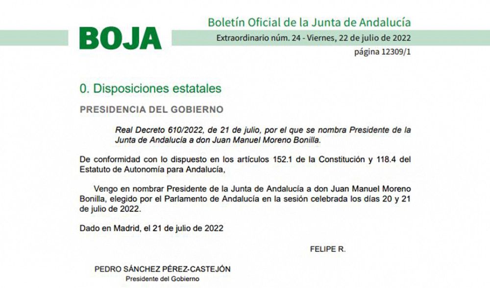 El BOE y el BOJA publican el nombramiento de Juan Manuel Moreno como presidente de la Junta de Andalucía