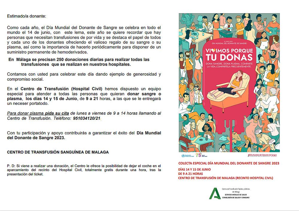 El Centro de Transfusión, Tejidos y Células de Málaga celebra una colecta especial de sangre y plasma por el Día Mundial del Donante de Sangre