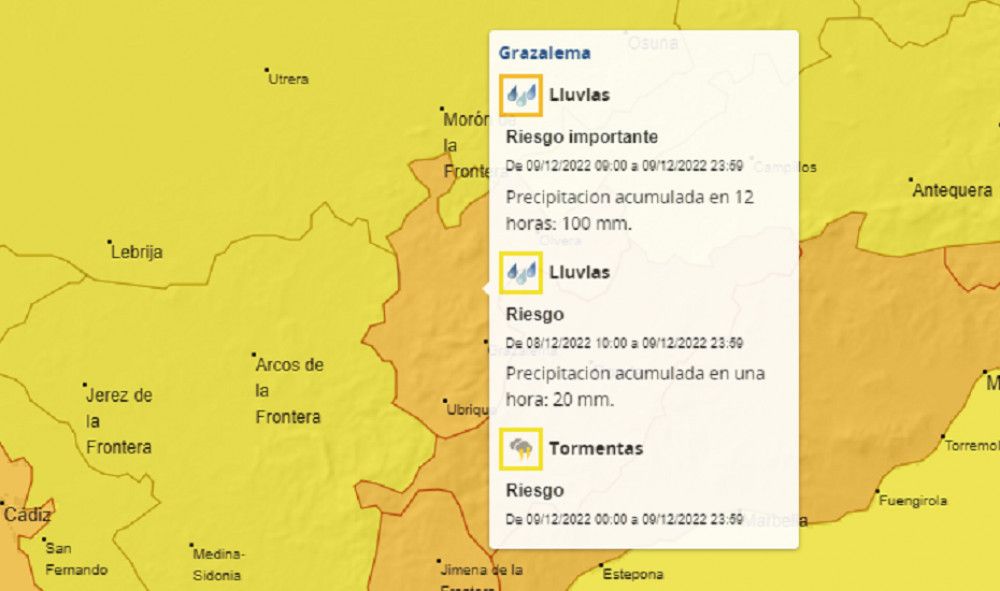 Aemet activa el aviso naranja por lluvias en la provincia de Cádiz