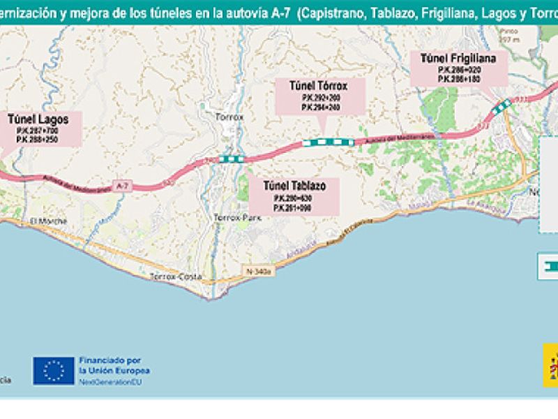 Afectaciones al tráfico en la autovía A-7 por obras de mejora en los túneles de Capistrano, en Nerja, y en el de Torrox