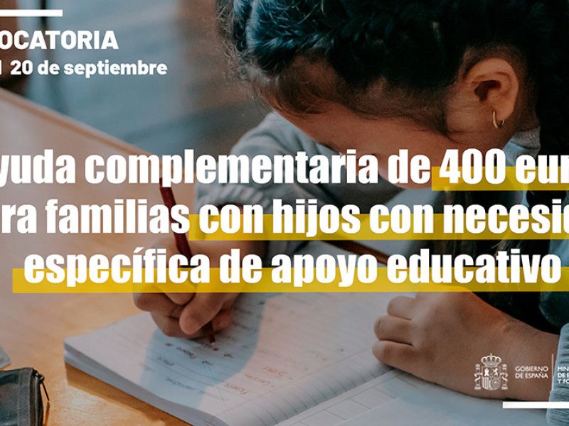 Abierto el plazo para solicitar la ayuda complementaria de 400 euros para alumnado con necesidades específicas de apoyo educativo