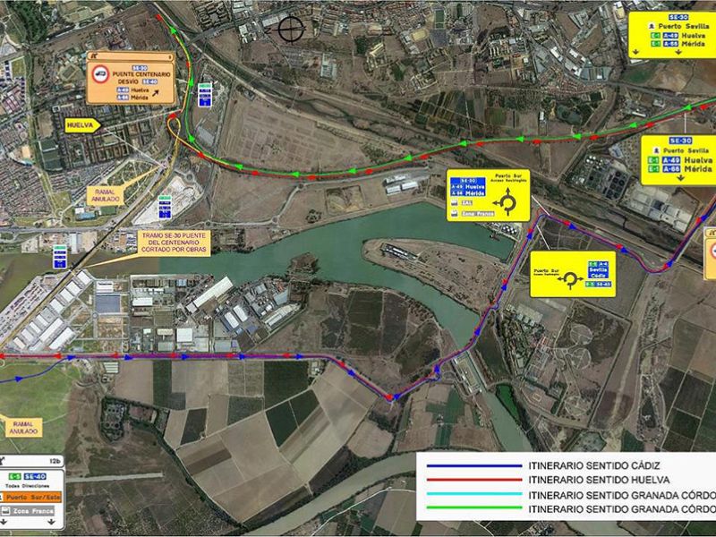 Afectaciones al tráfico en la SE-30 por las obras de sustitución de los tirantes del Puente del Centenario, en Sevilla