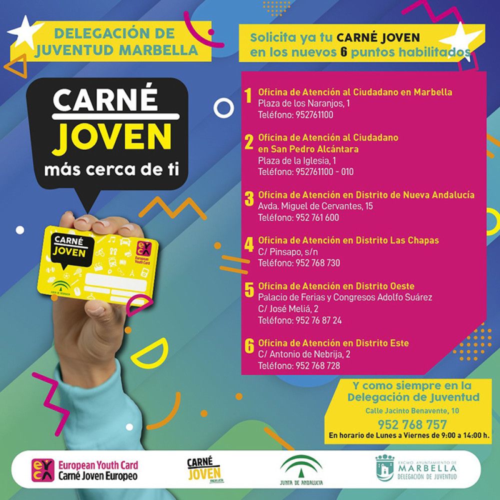 El Ayuntamiento habilita seis nuevos puntos en Marbella para acercar y facilitar la solicitud del Carné Joven a la población con edades comprendidas entre 14 y 30 años