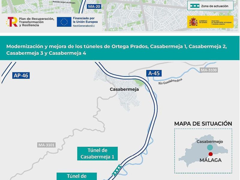 El ministerio adjudica por 4,5 millones de euros las obras de modernización de cinco túneles en la provincia de Málaga