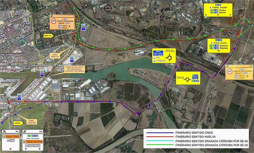 Afectaciones al tráfico en la SE-30 por las obras de sustitución de los tirantes del Puente del Centenario, en Sevilla