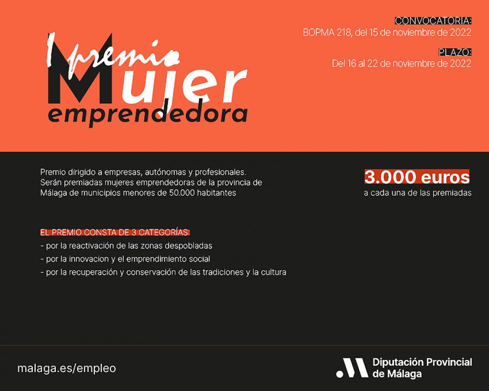 La Diputación abre la convocatoria de la I Edición del Premio Mujer Emprendedora destinado a mujeres empresarias, autónomas y sociedades