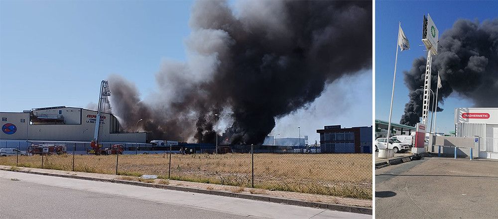 Cinco parques de Bomberos trabajan en la extinción de un incendio en una nave de Alcalá de Guadaíra