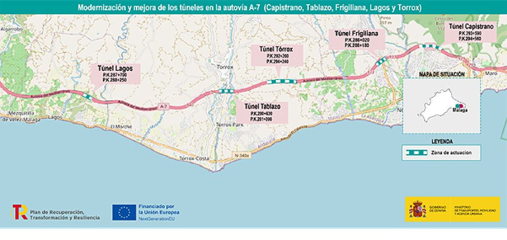 Afectaciones al tráfico en la autovía A-7 por obras de mejora en los túneles de Capistrano, en Nerja, y en el de Torrox